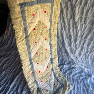 Vintage Handmade Table Runner 12x31 Yellow Blue Floral Quilted Patchwork